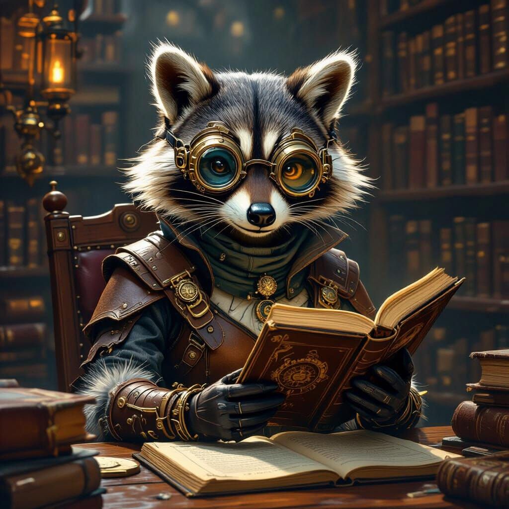 Steampunk Raccoon Scholar in Dimly Lit Library