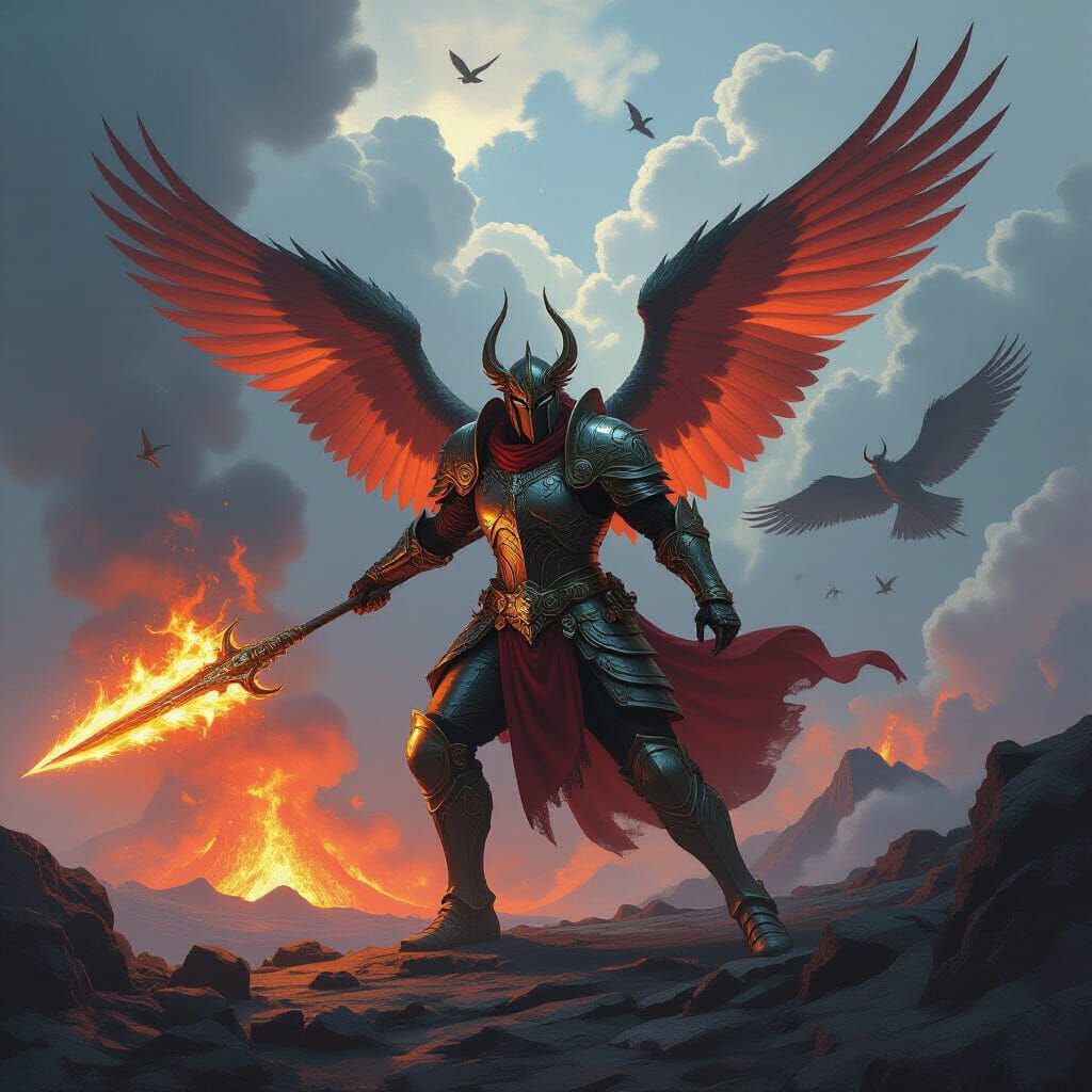 Winged Warrior Battles Above Volcano