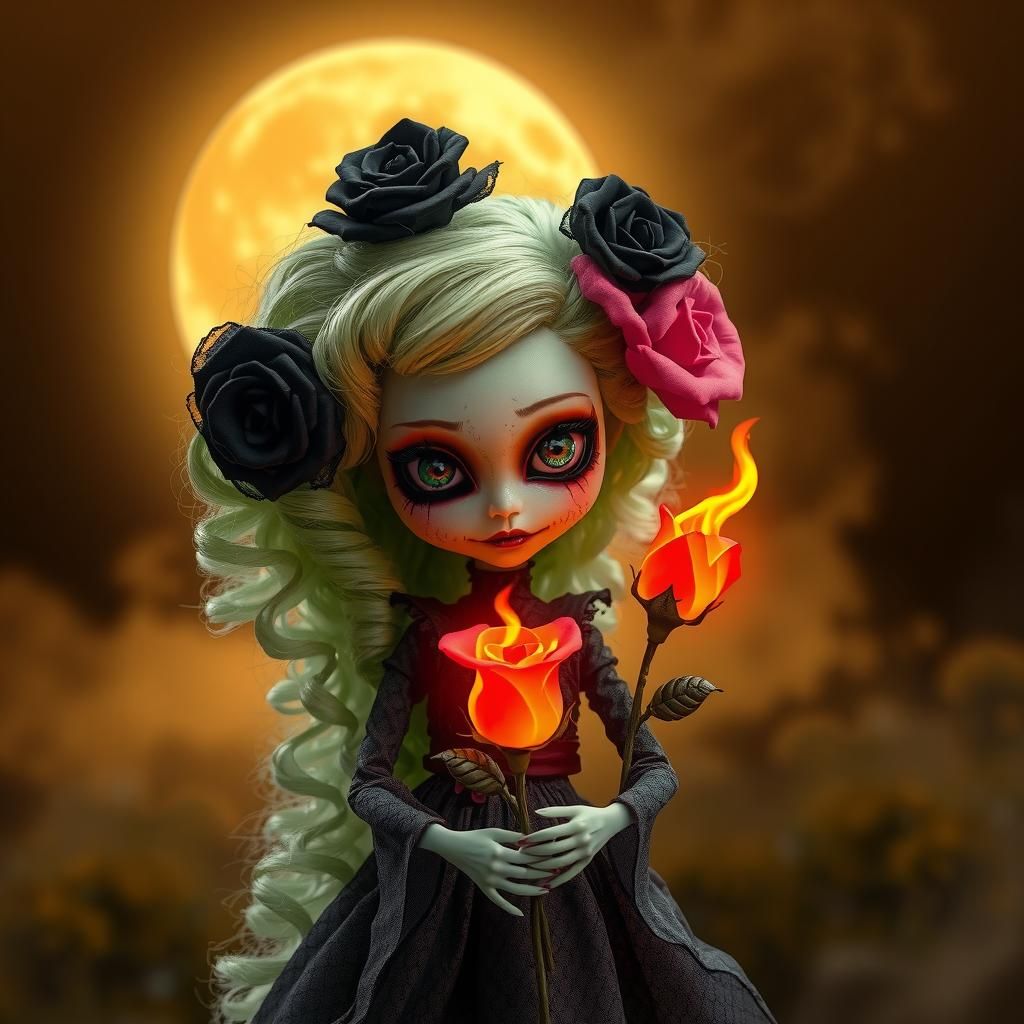 Spooky Doll with Burning Rose in Fantasy Art