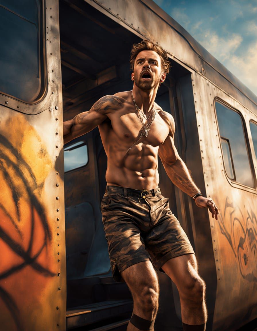 Heroic Leap Amidst Chaos in Hyperrealistic Style