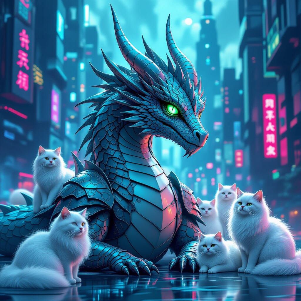 Aqua-Eyed Dragon with Cats in Futuristic Neon City