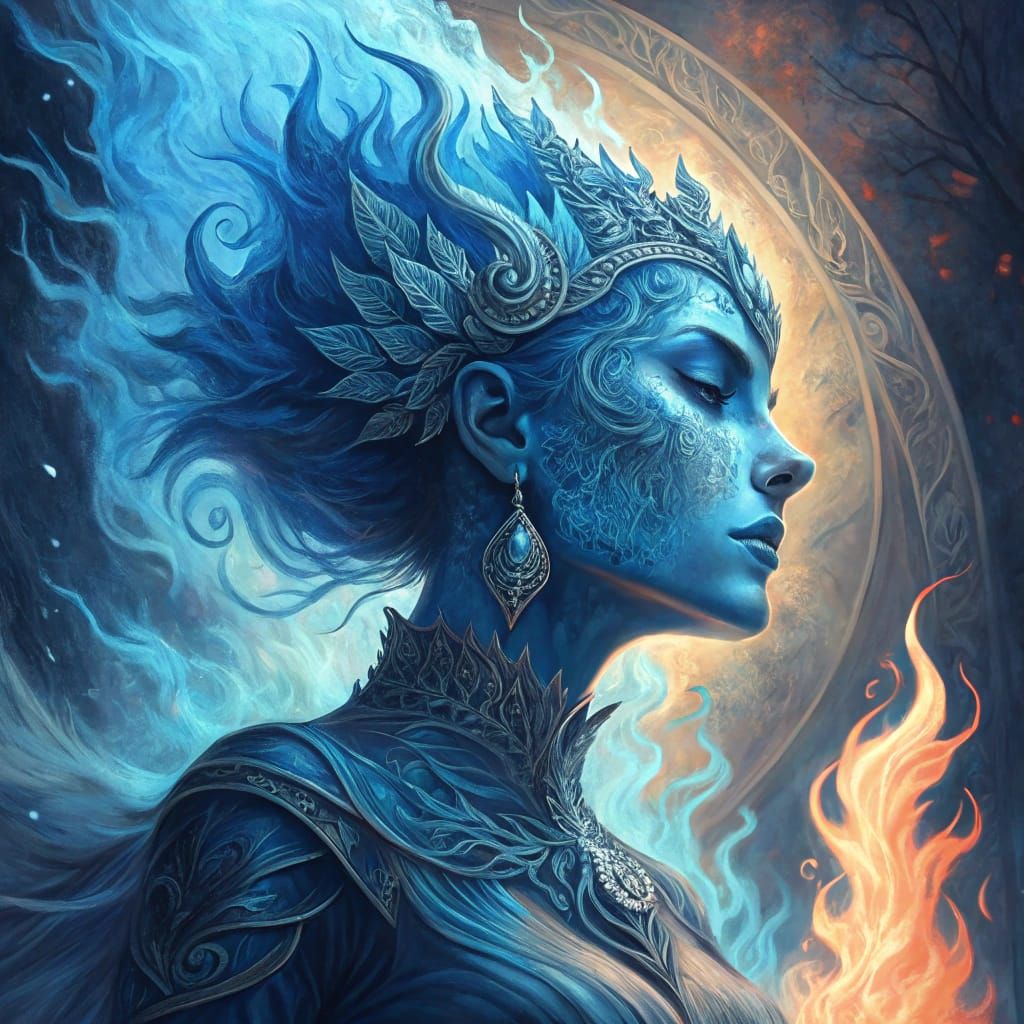 Elegant Blue Flame Goddess in Avantgarde Style