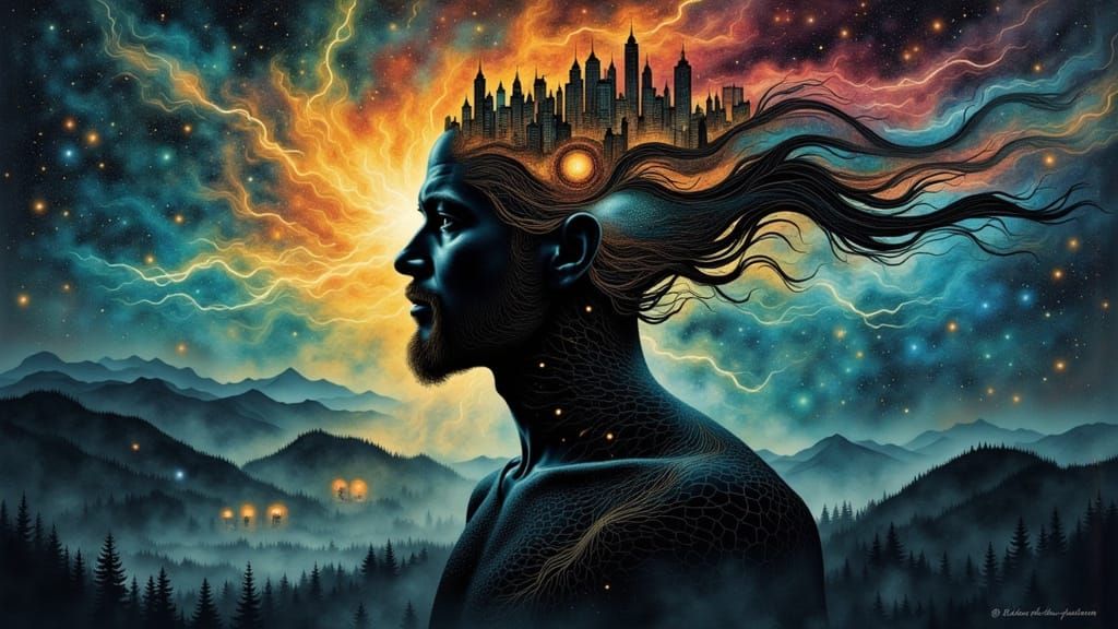 Fractal Faced Man: Cities and Roads Dreamscape