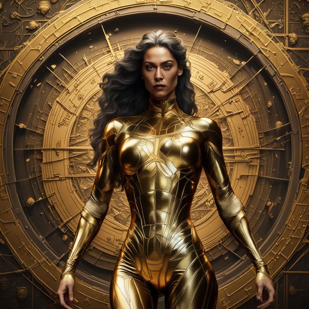 Muscular Woman in Vitruvian Pose, Gold Latex Catsuit