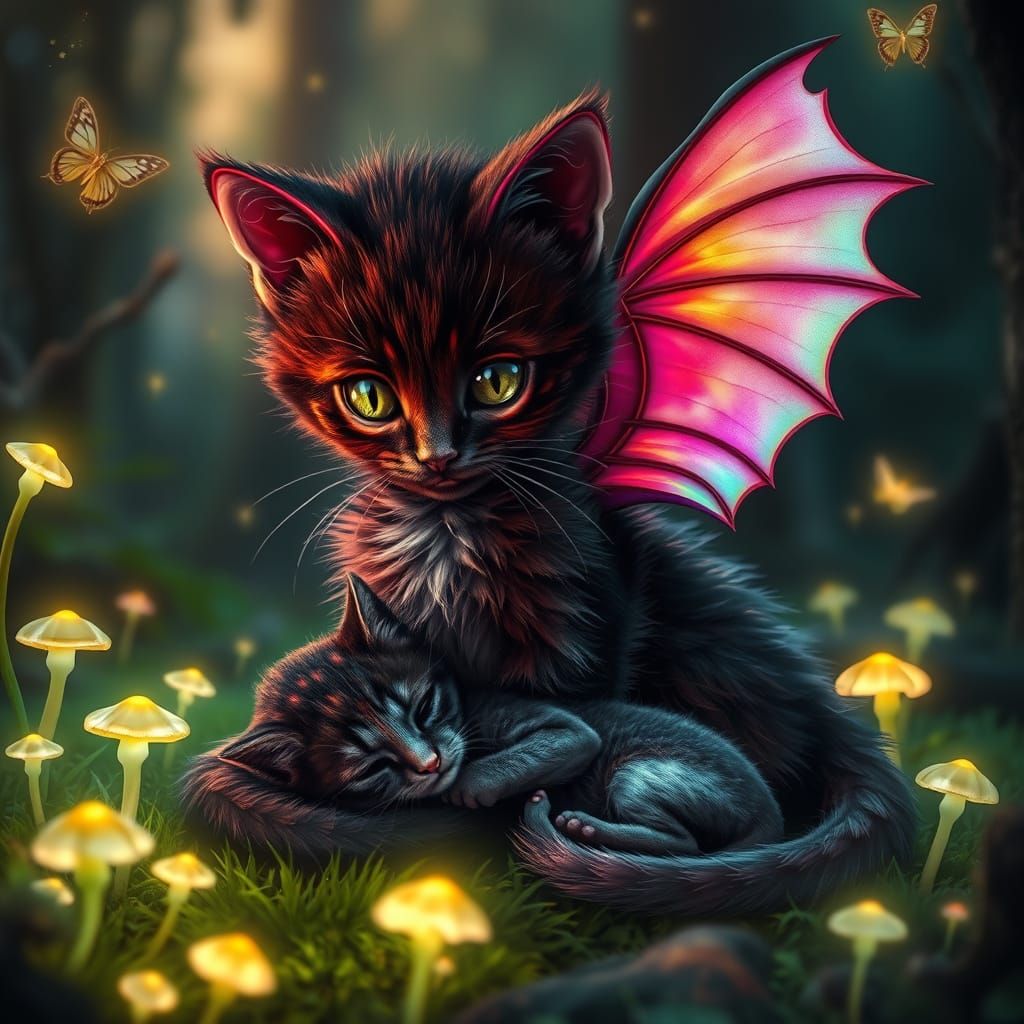 Whimsical Kitten-Dragon Hybrid Shines in Mystical Forest
