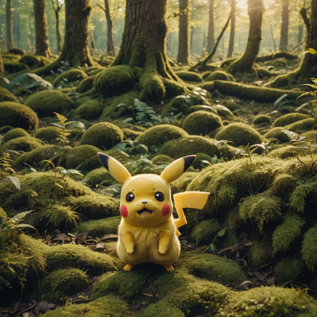 Photorealistic Pikachu in Mossy Forest, Golden Hour Lighting