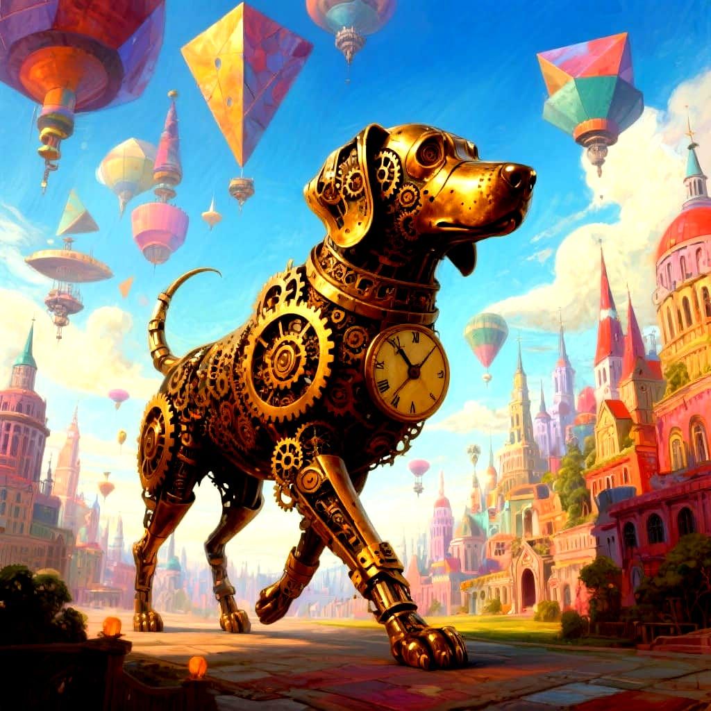 Clockwork Dog in Dreamlike Floating City, Surreal Oil Painti...