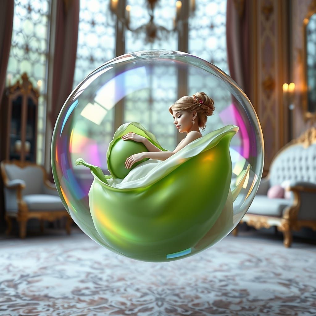 Princess in Pea Bubble, Hyperrealistic Digital Art