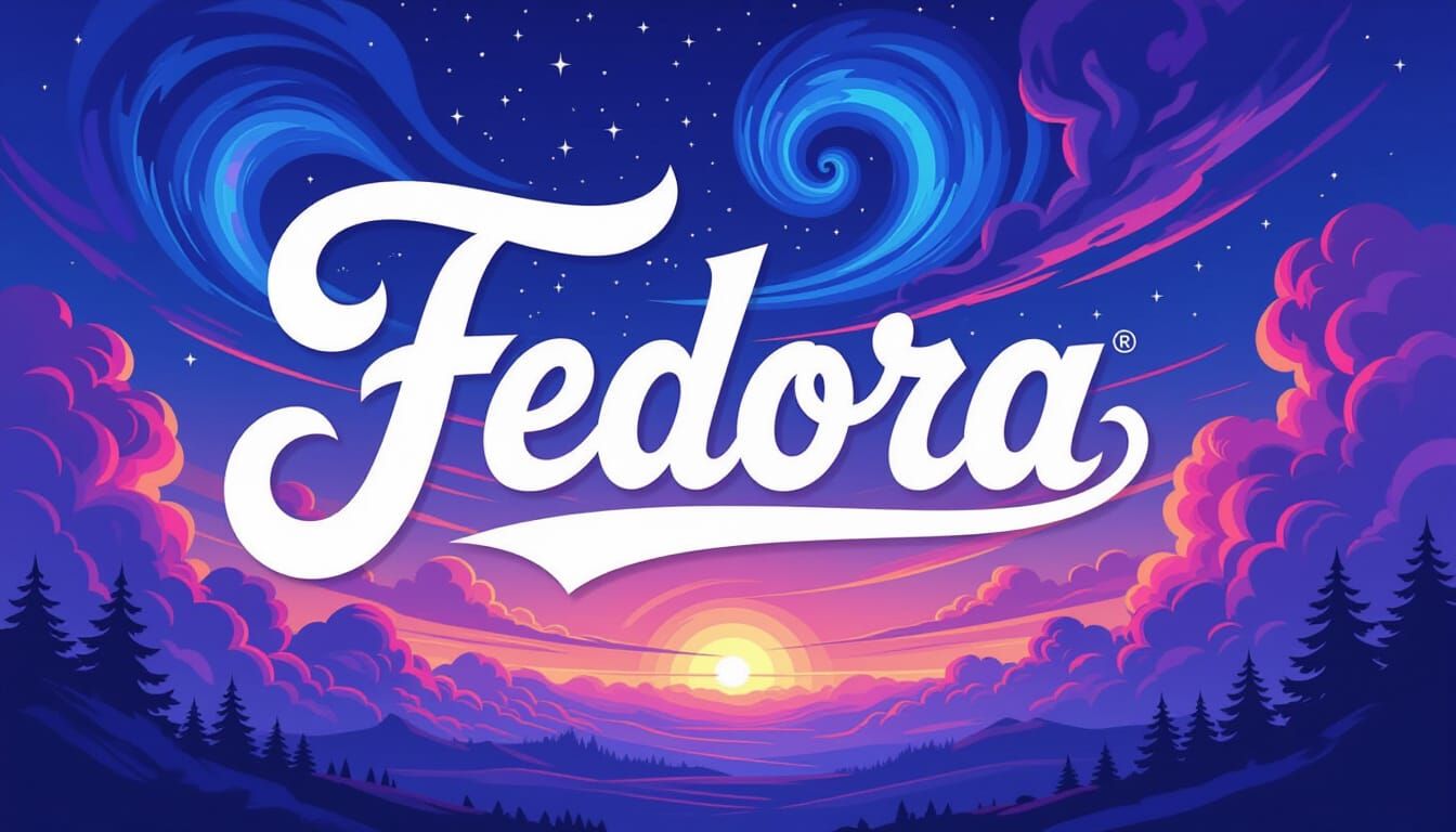 Fedora Logo in a Vibrant Celestial Landscape