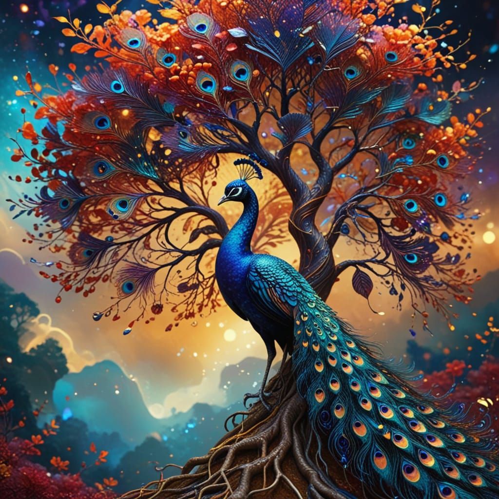 Majestic Peacock Tree Blooms with Vibrant, Iridescent Feathe...