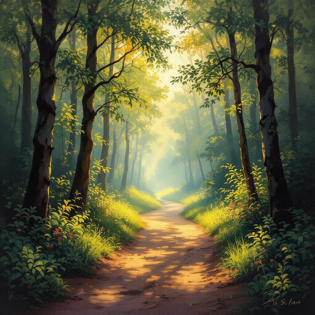 Sunlit Forest Path in Impressionist Style