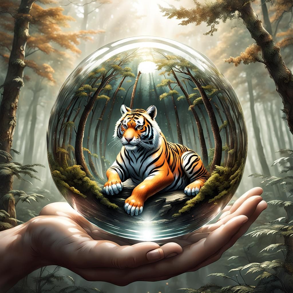 Hands Holding a Glass Sphere with Tiger