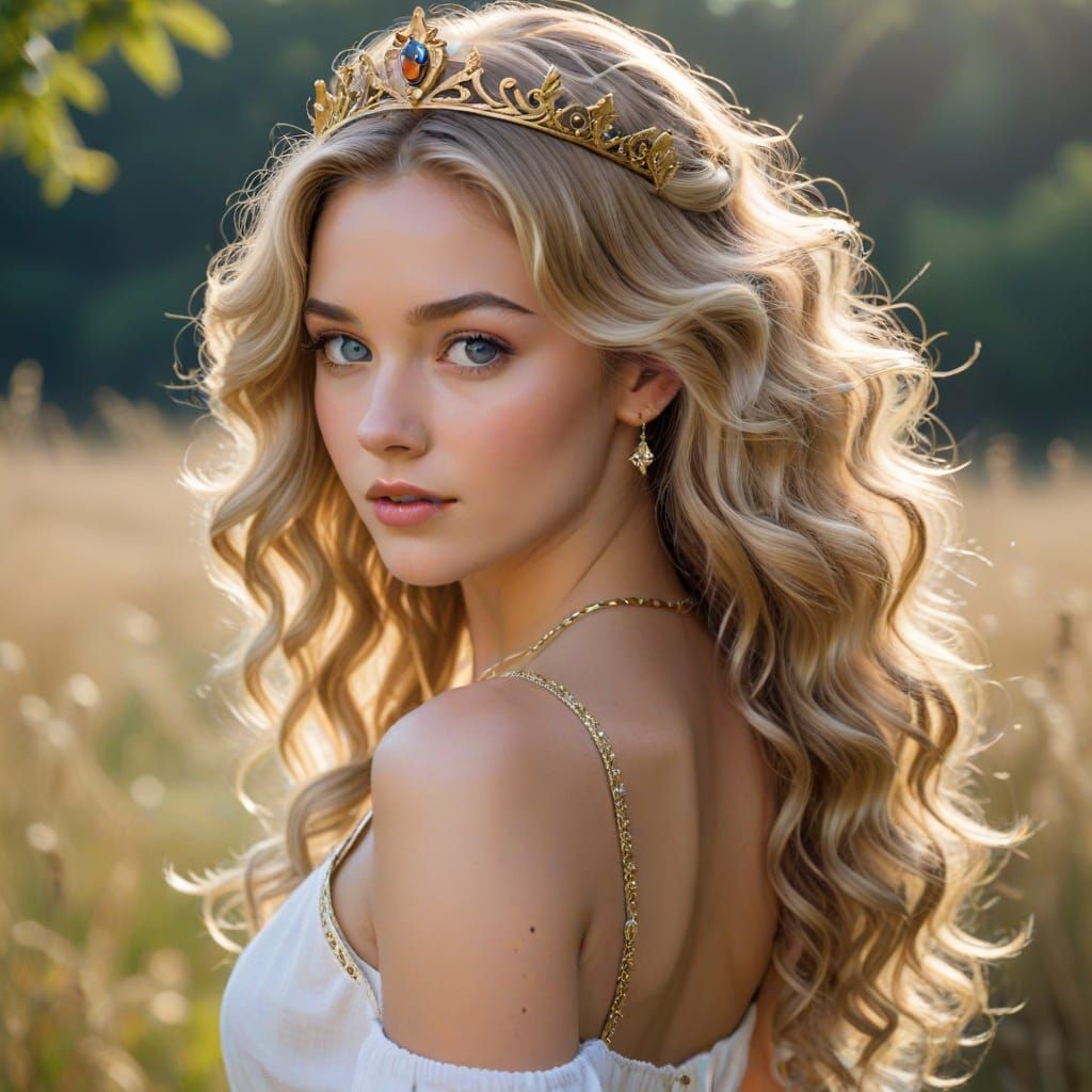 Beautiful Princess with Blonde Hair and Linen Dress