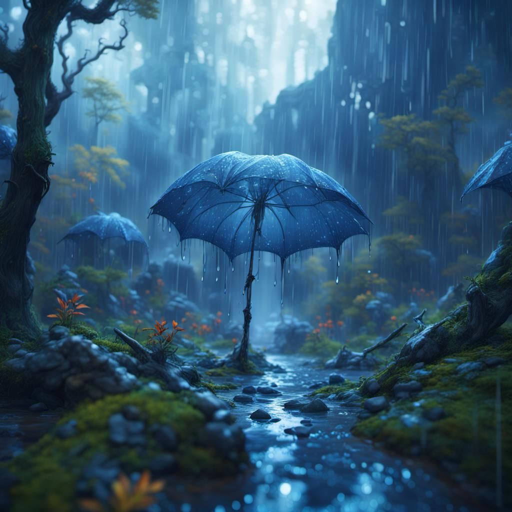Blue Forest Rain: Detailed Fantasy Concept Art