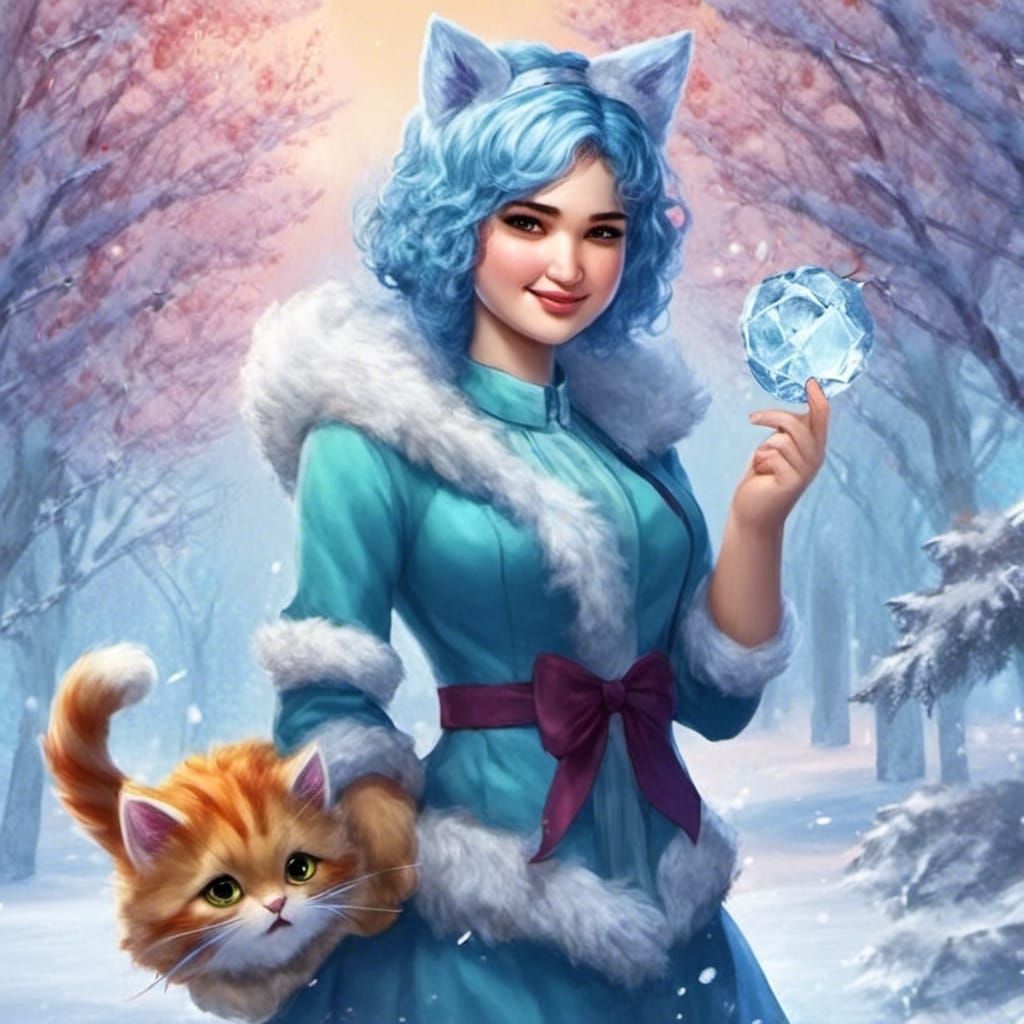 Anime Girl with Cat Features Casting Ice Magic