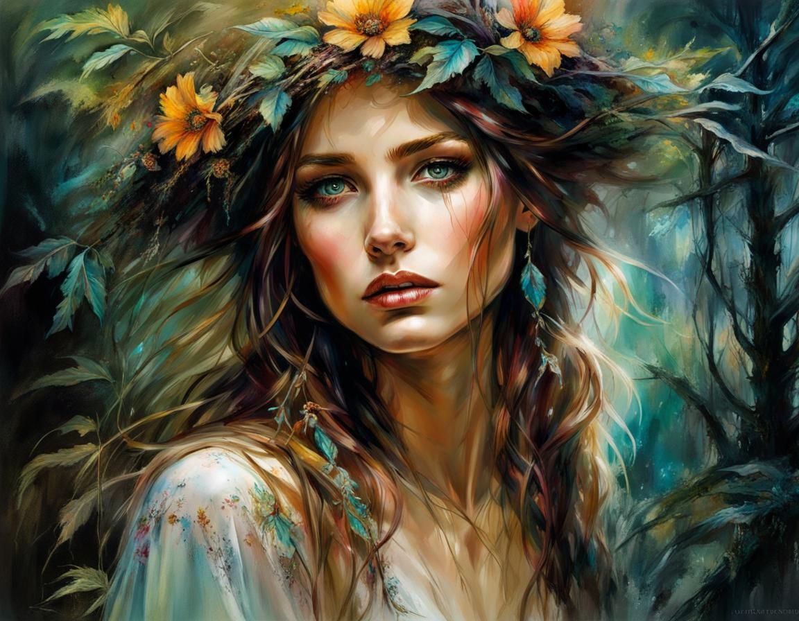 Glowing Spanish Girl in Dark Magic Forest