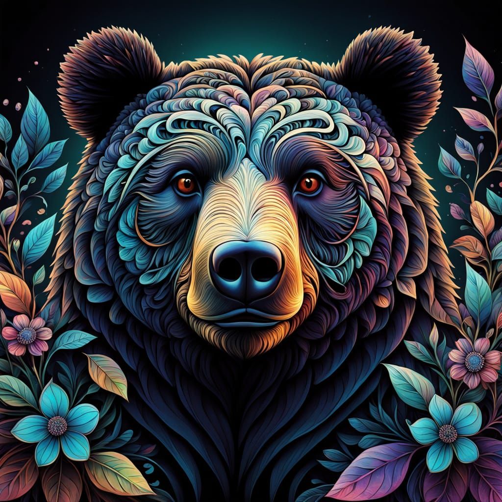 Abstract Fractal Bear with Botanic Elements