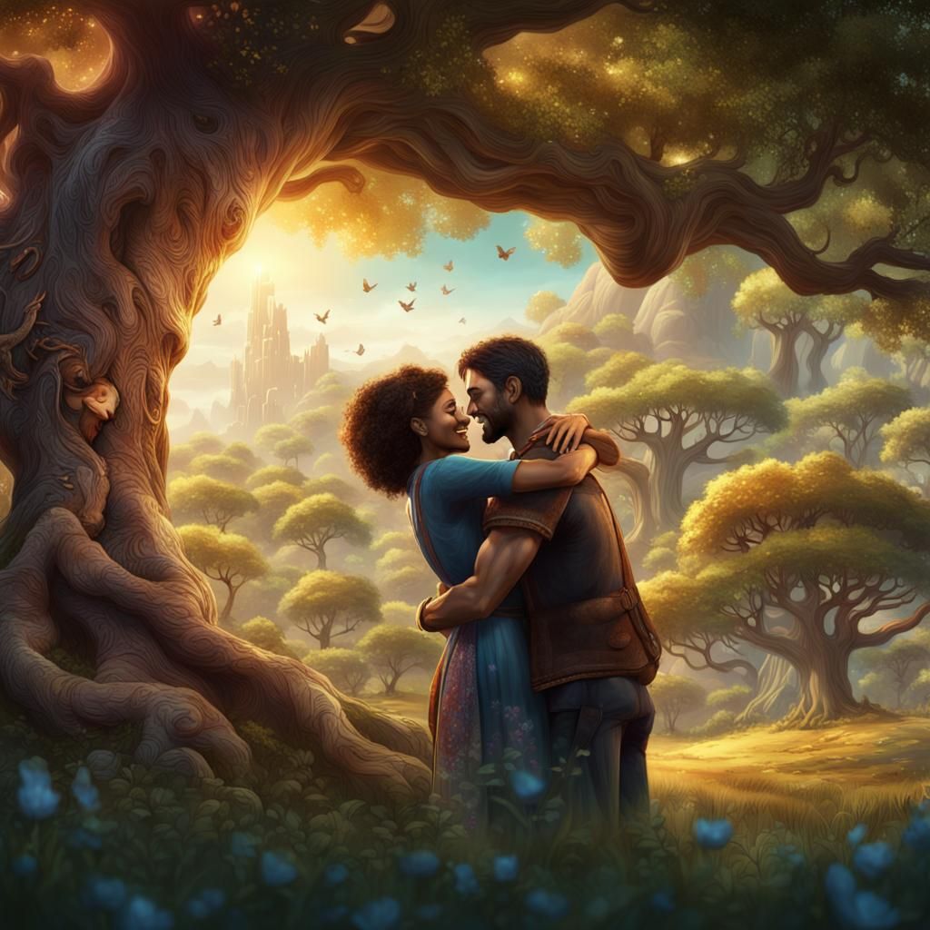 Couple Hugging Under Tree: Fantasy Matte Painting