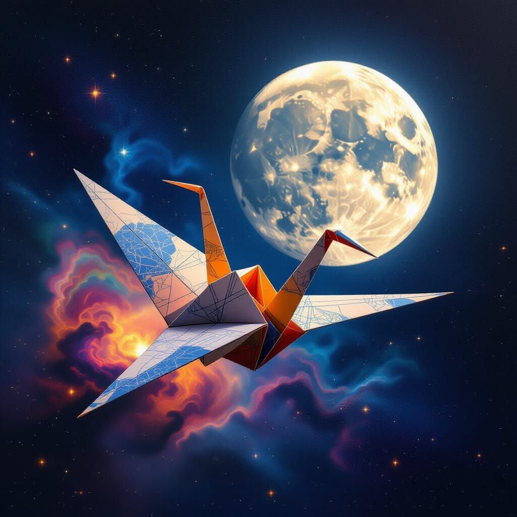 Origami Crane in Deep Space with Psychedelic Nebulae
