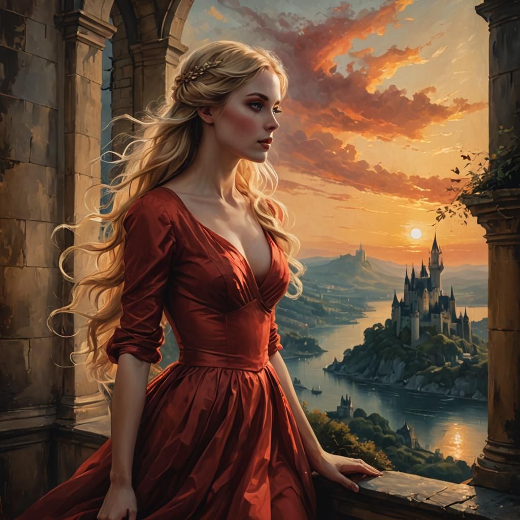 Romantic Oil Painting of Woman at Sunset