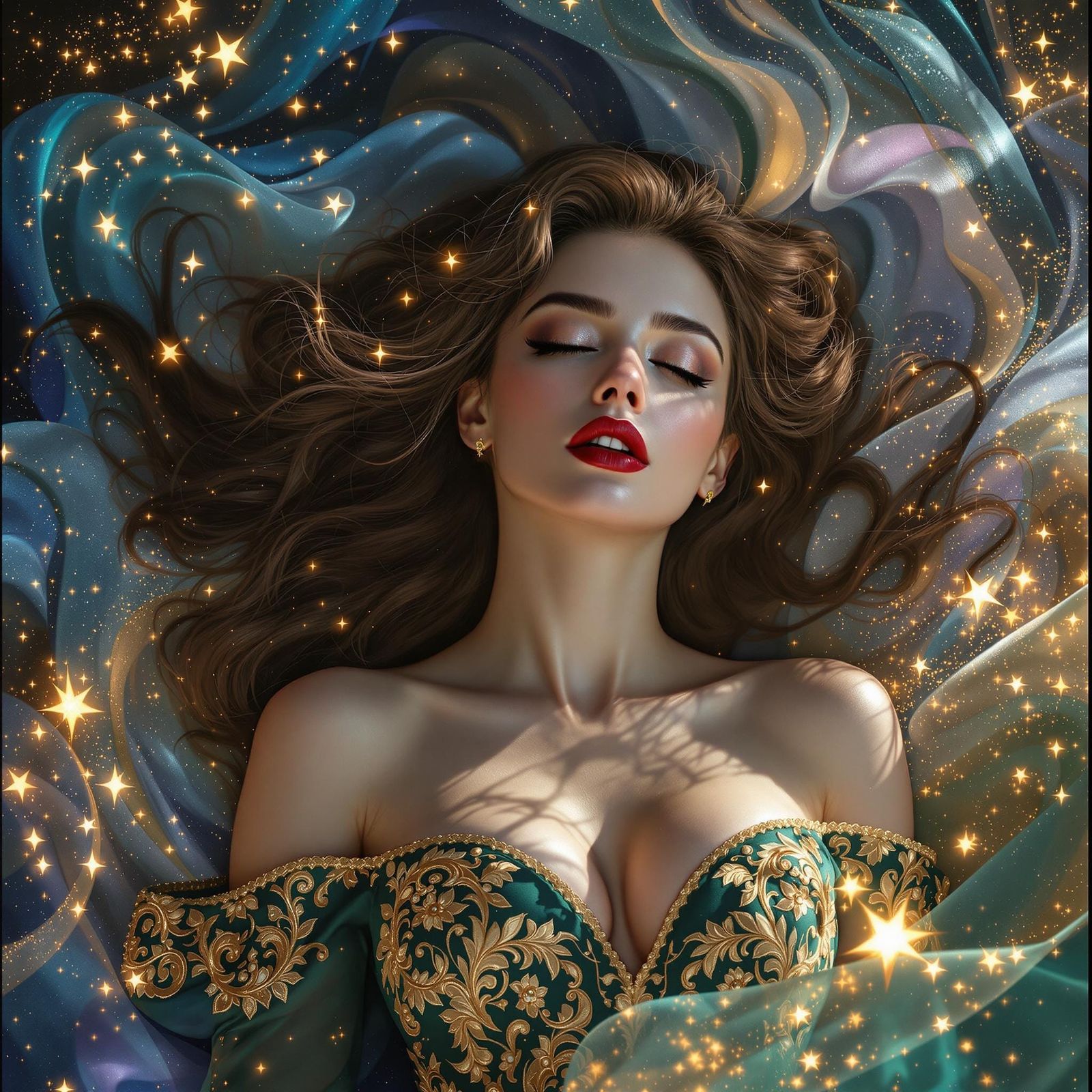 Ethereal Goddess in Emerald Green Gown with Golden Accents