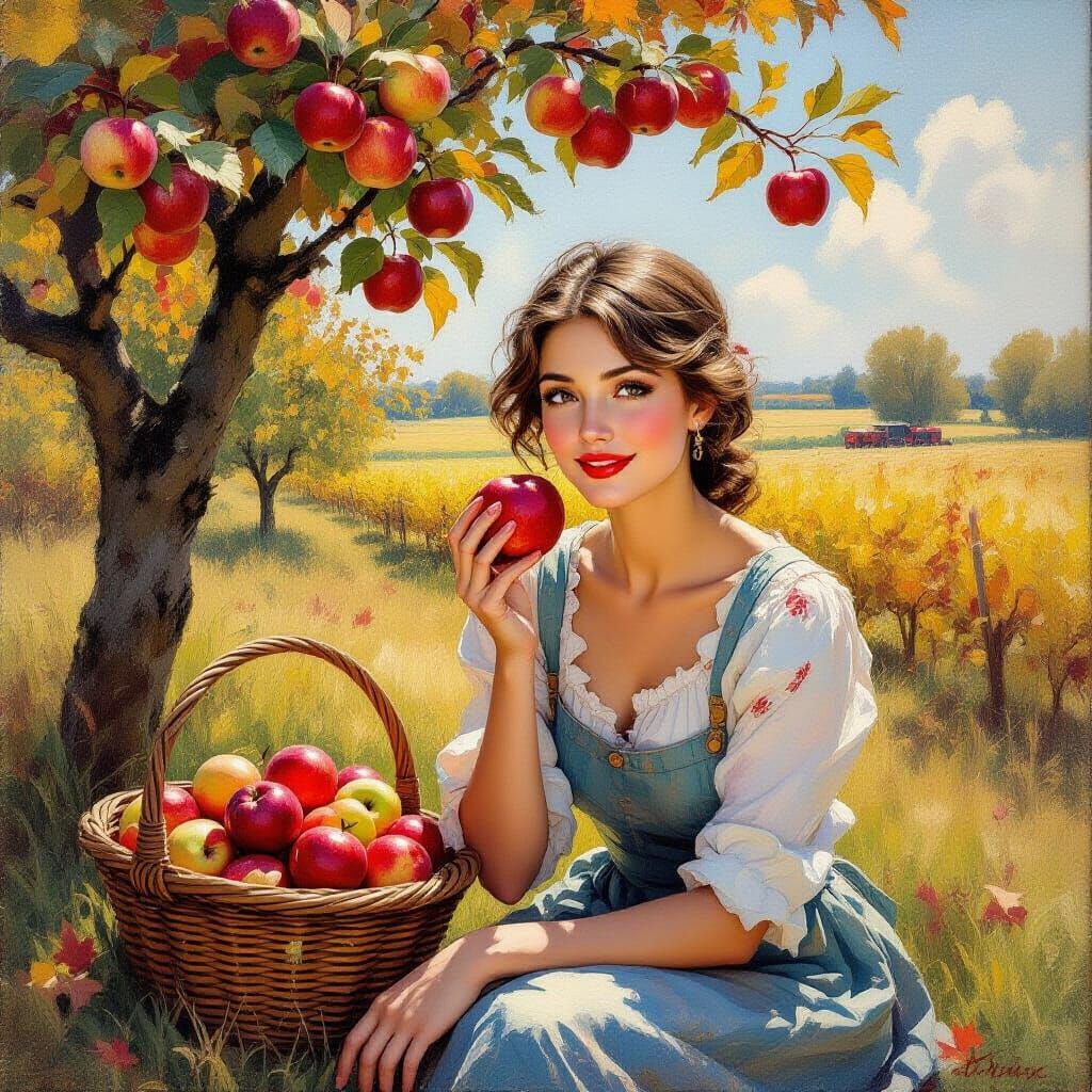 Woman Enjoys Apple in Autumn Orchard Painting