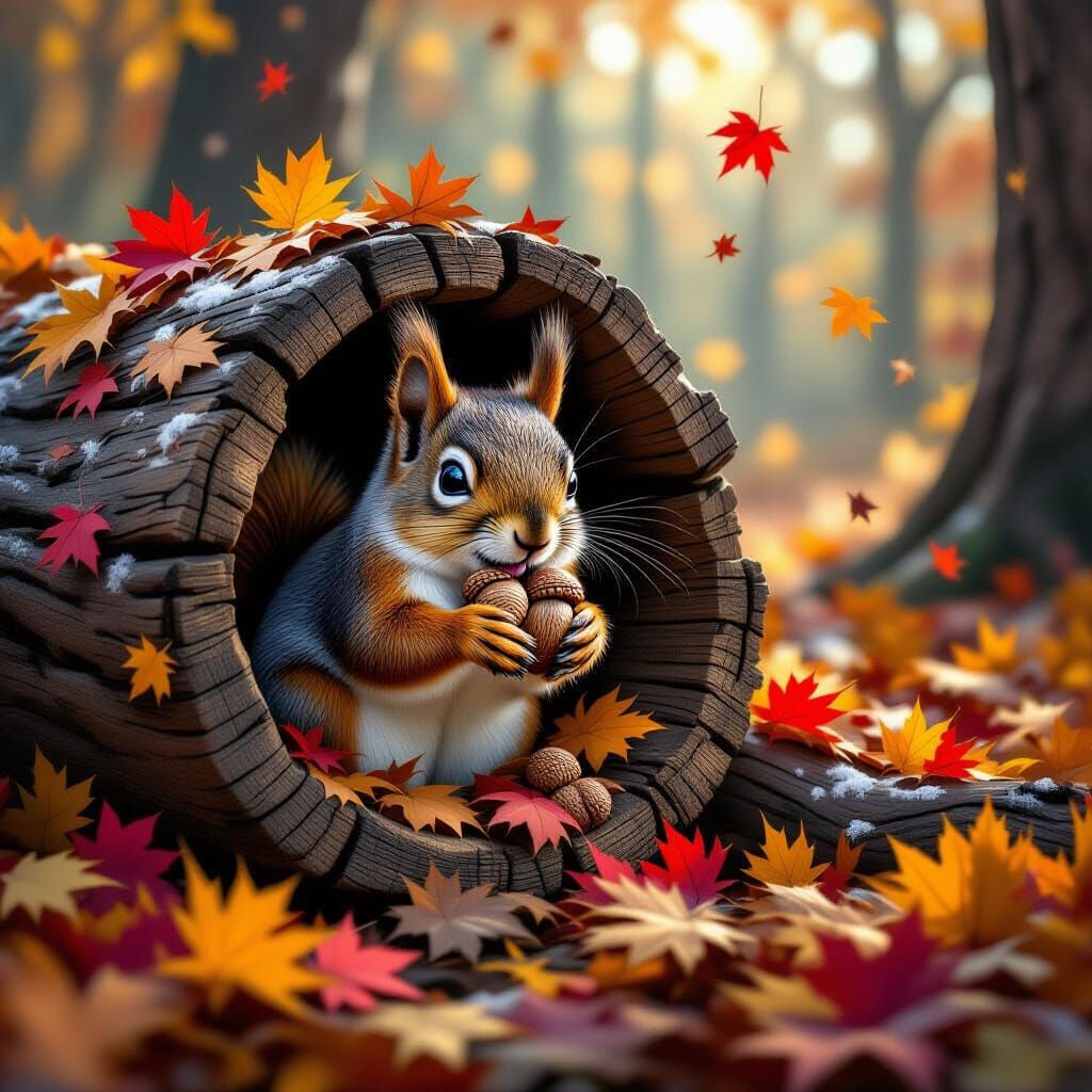 Mischievous Squirrel in Autumn Blizzard