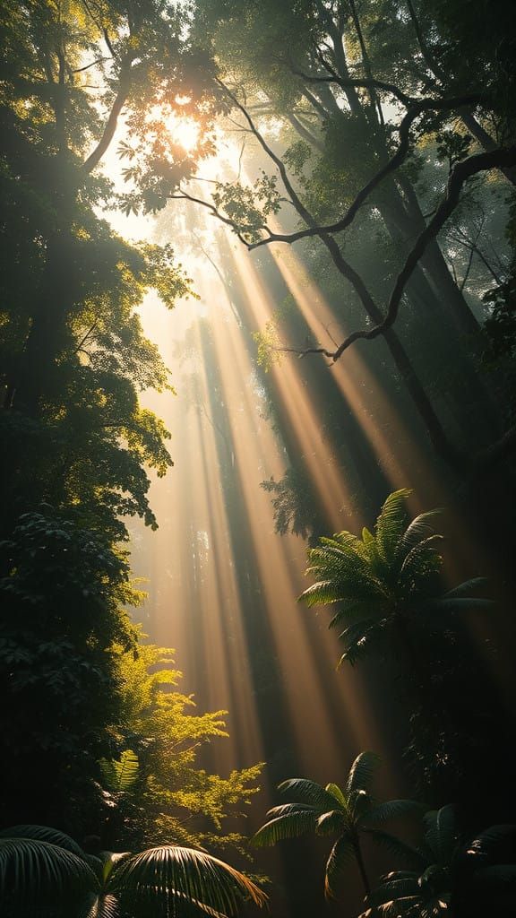 Tropical Rainforest Illuminated by Sunlit Shafts in Cinemati...