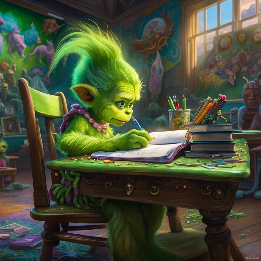 Young grinch writing in her diary at the front of the classroom on the first day at a new school