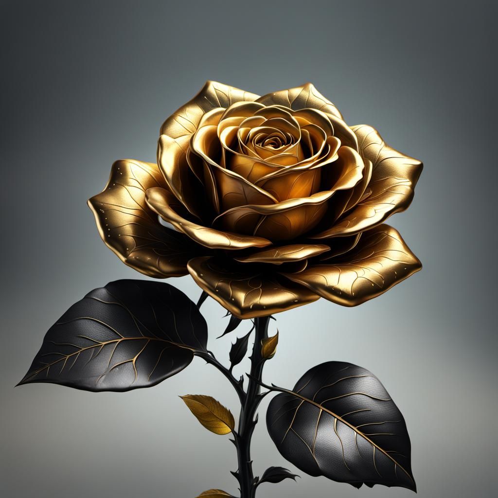 Detailed Golden Rose with Black Stem