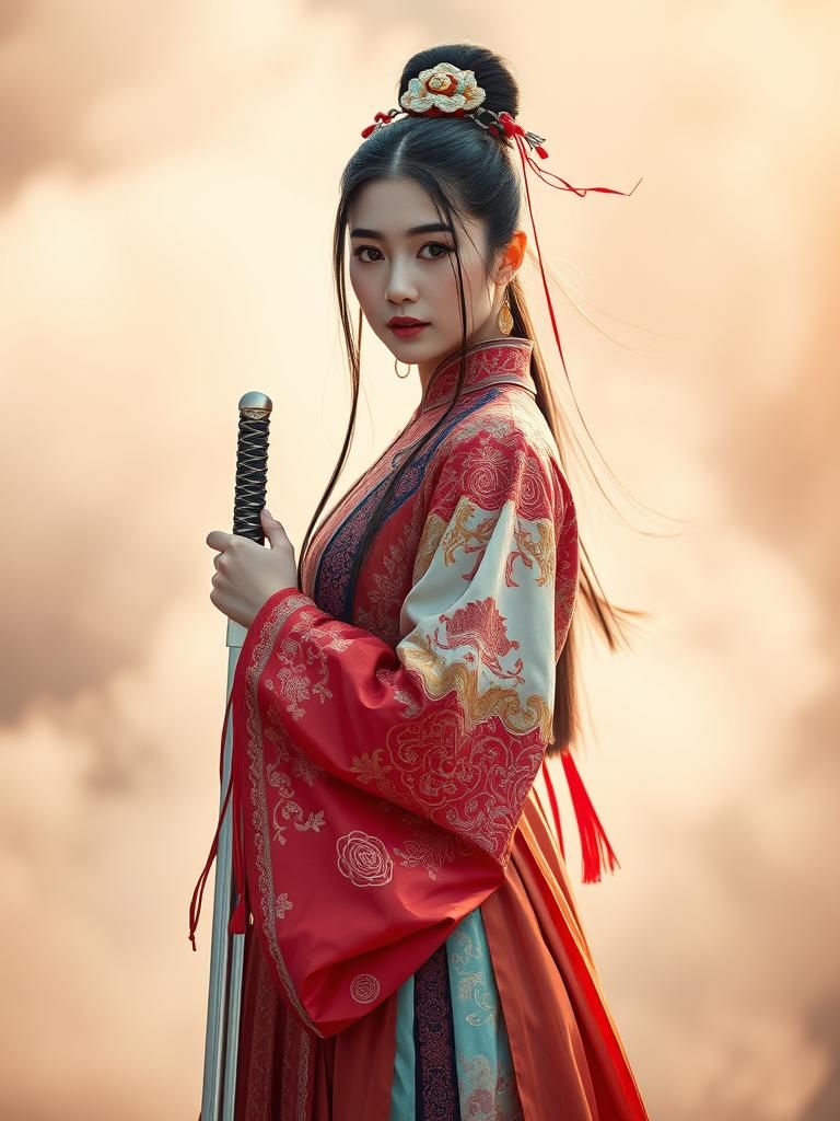 Ethereal Woman with Sword in Dreamy Landscape