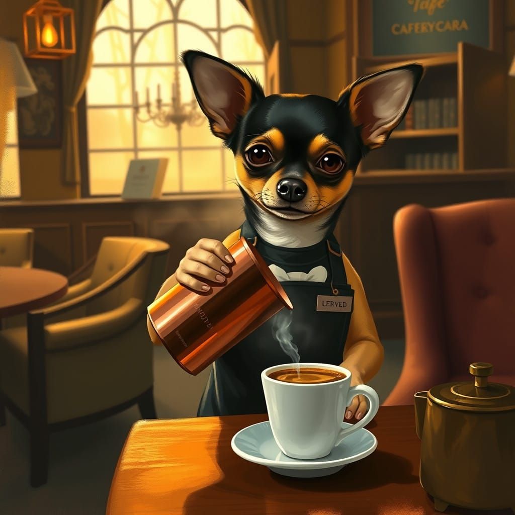 Charming Chihuahua Barista in a Cozy Café Atmosphere