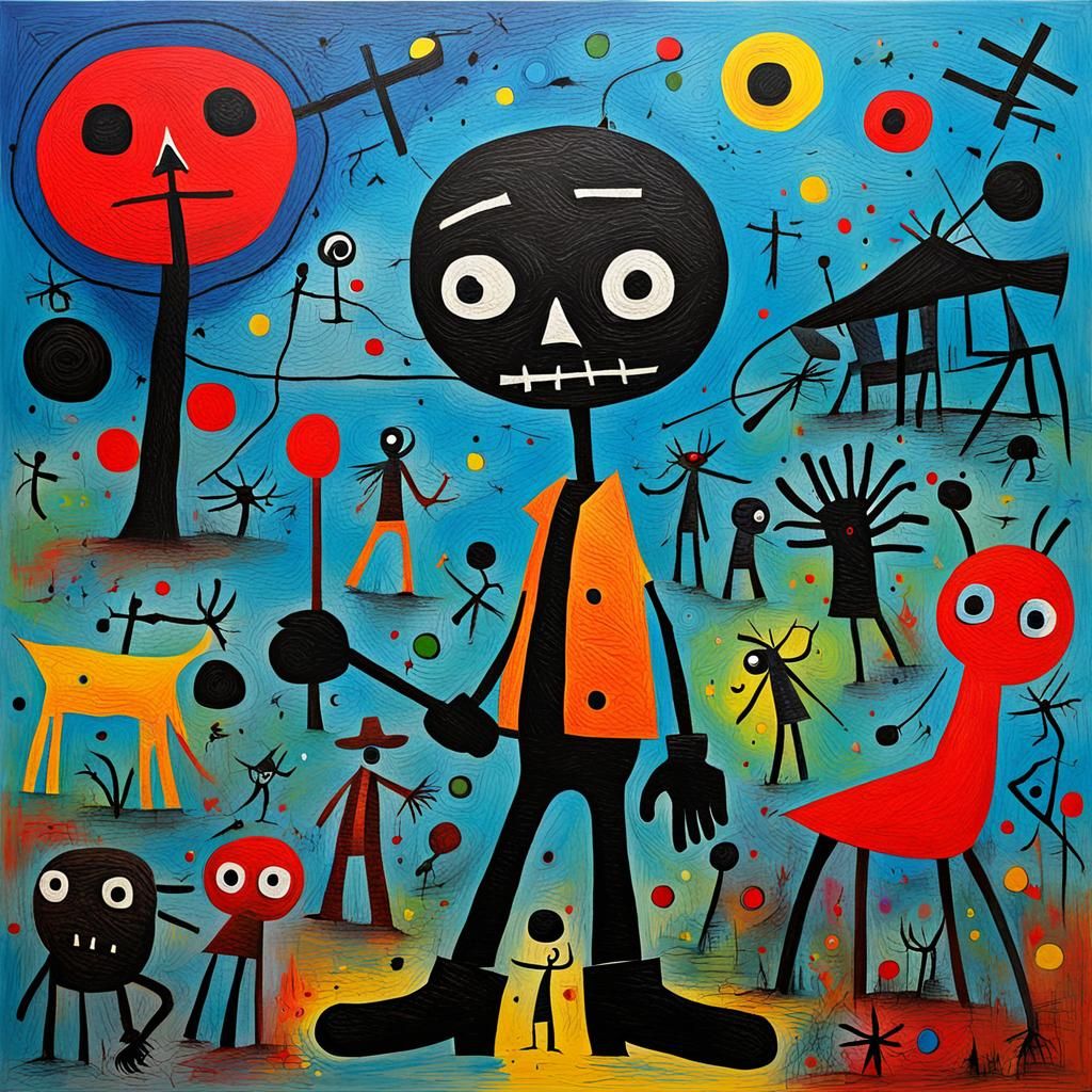 Abstract Painting of Walking Figures in Miró Style