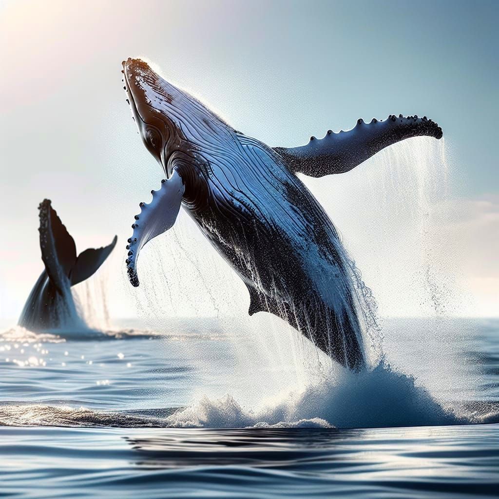 Joyful Humpback Whale Leaps with Mother in Background