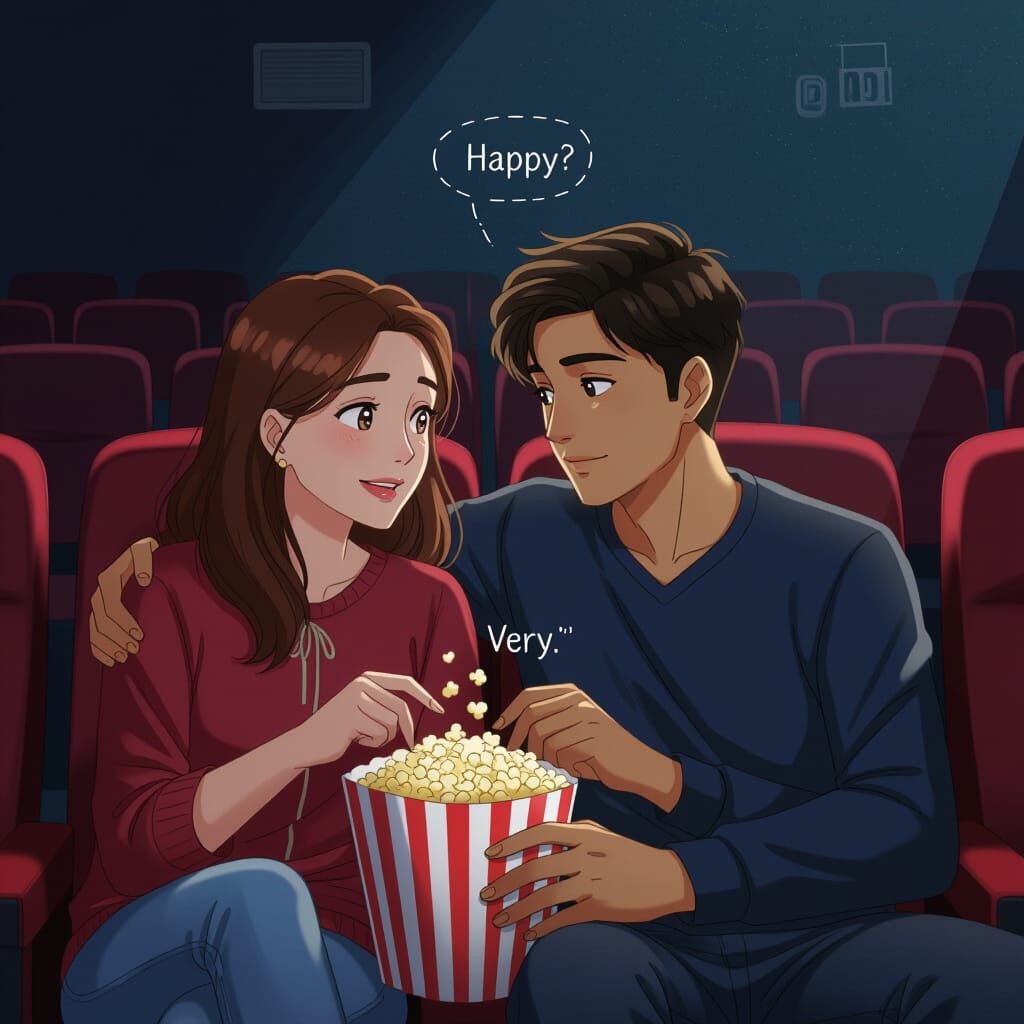 Romantic Couple Shares Popcorn at the Cinema in Anime Style