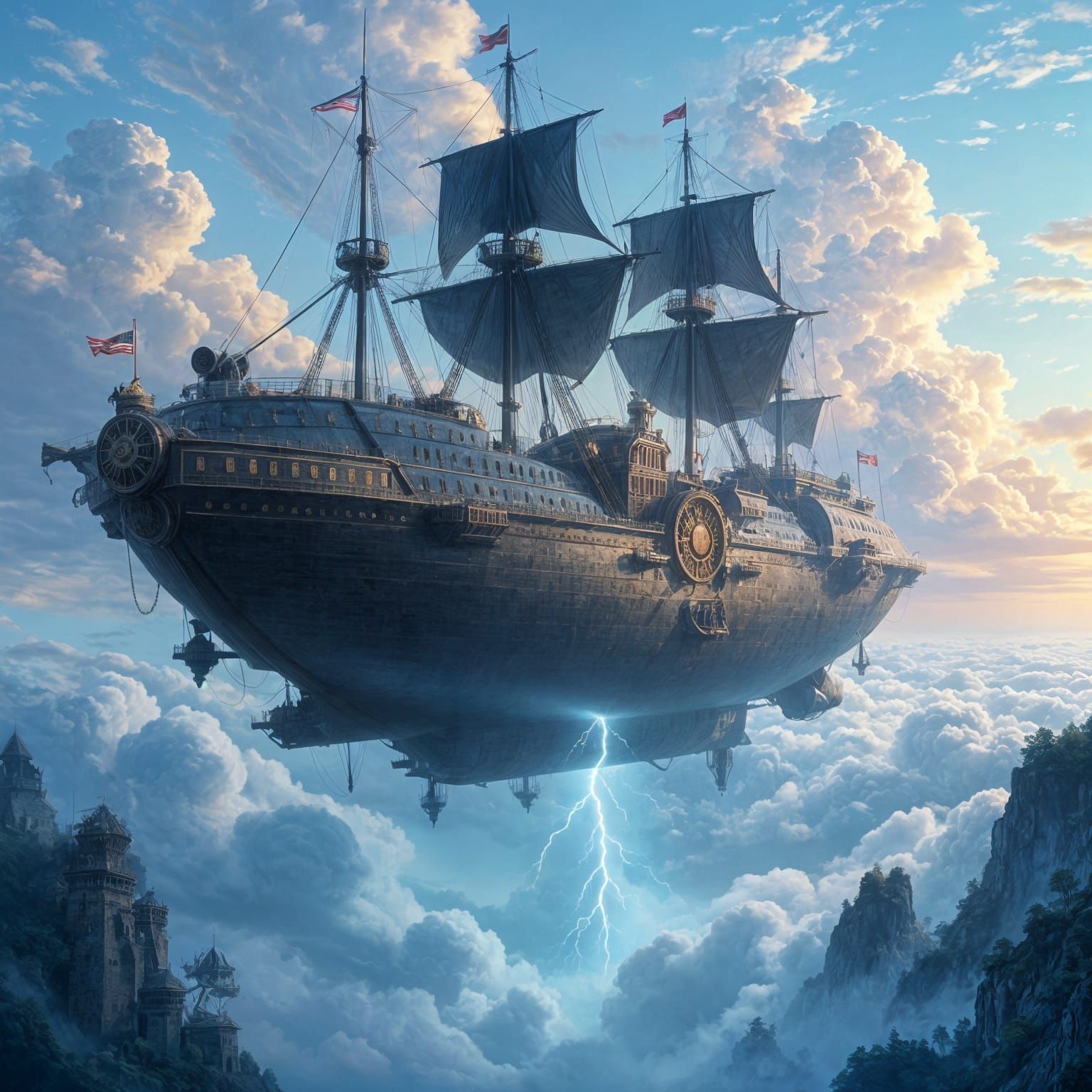 Massive Airship Fortress Above Clouds, Fantasy Mist