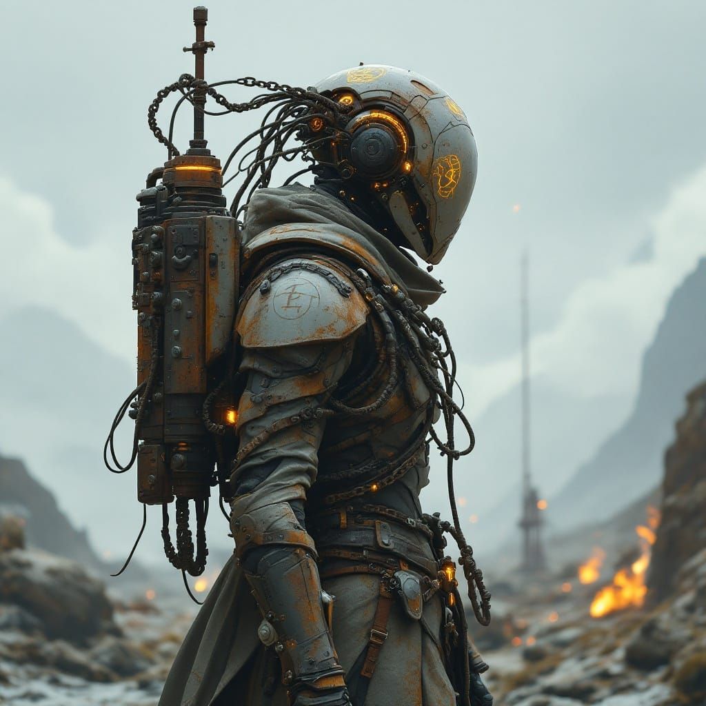 Futuristic Myth-Tech Sentinel in Cyberpunk Aesthetic