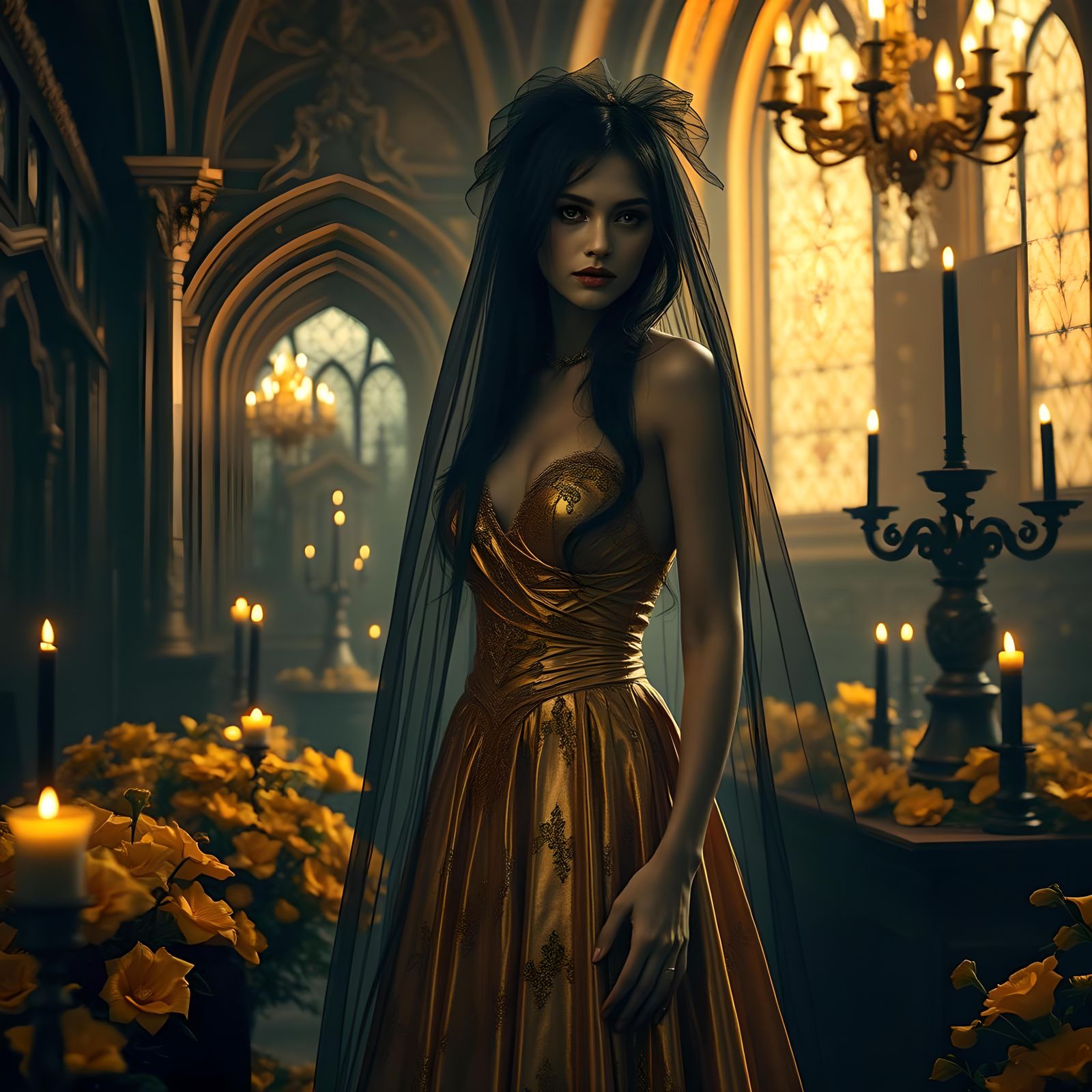 Gothic Vampire in Gold Dress and Black Veil
