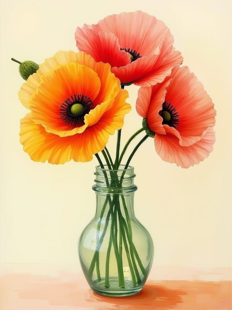 Whimsical Poppies in Glass Vase, Encaustic Watercolor