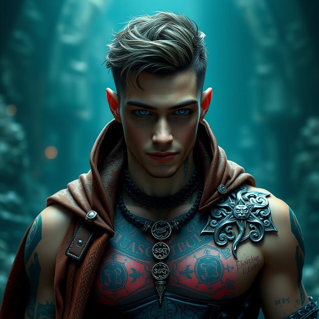 A young goth Celtic man in a cyberpunk future. His chest is covered with ancient runes. His Celtic heritage shows on his...