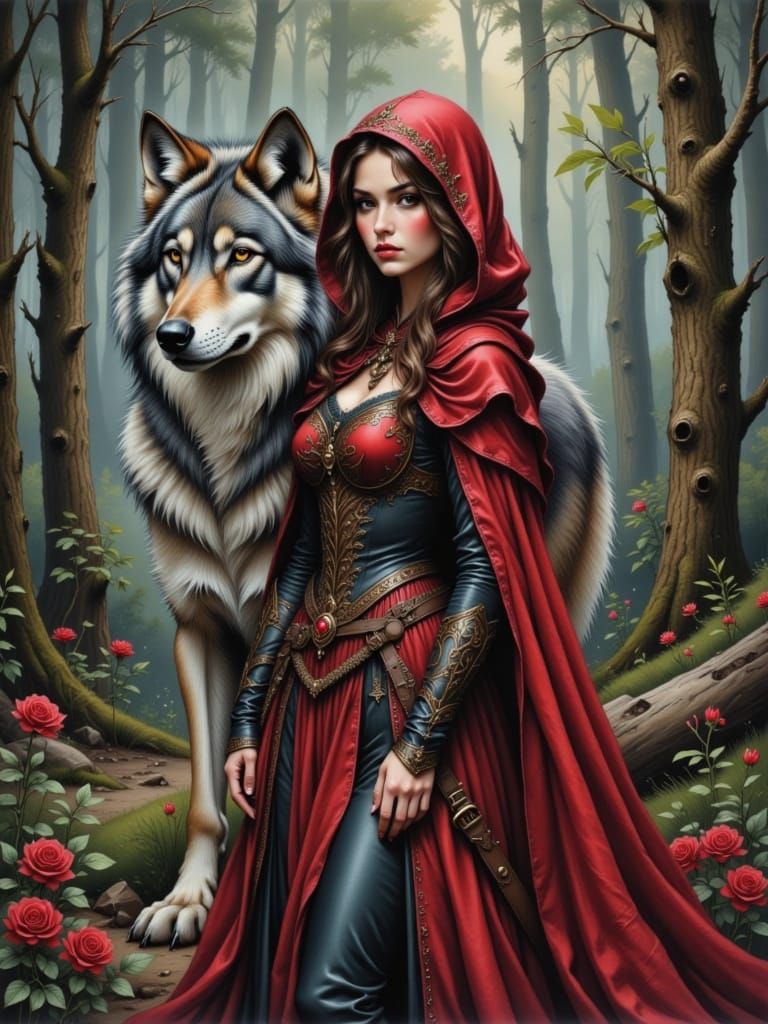 Little Red Riding Hood with Silver Wolf in Misty Forest