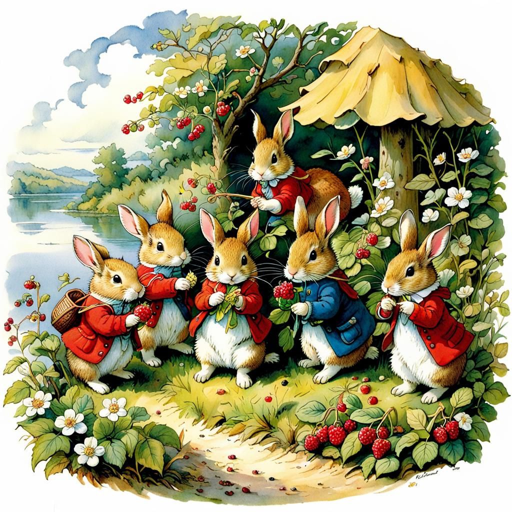 Rabbits Gathering Berries by Lake: Children's Book Illustrat...