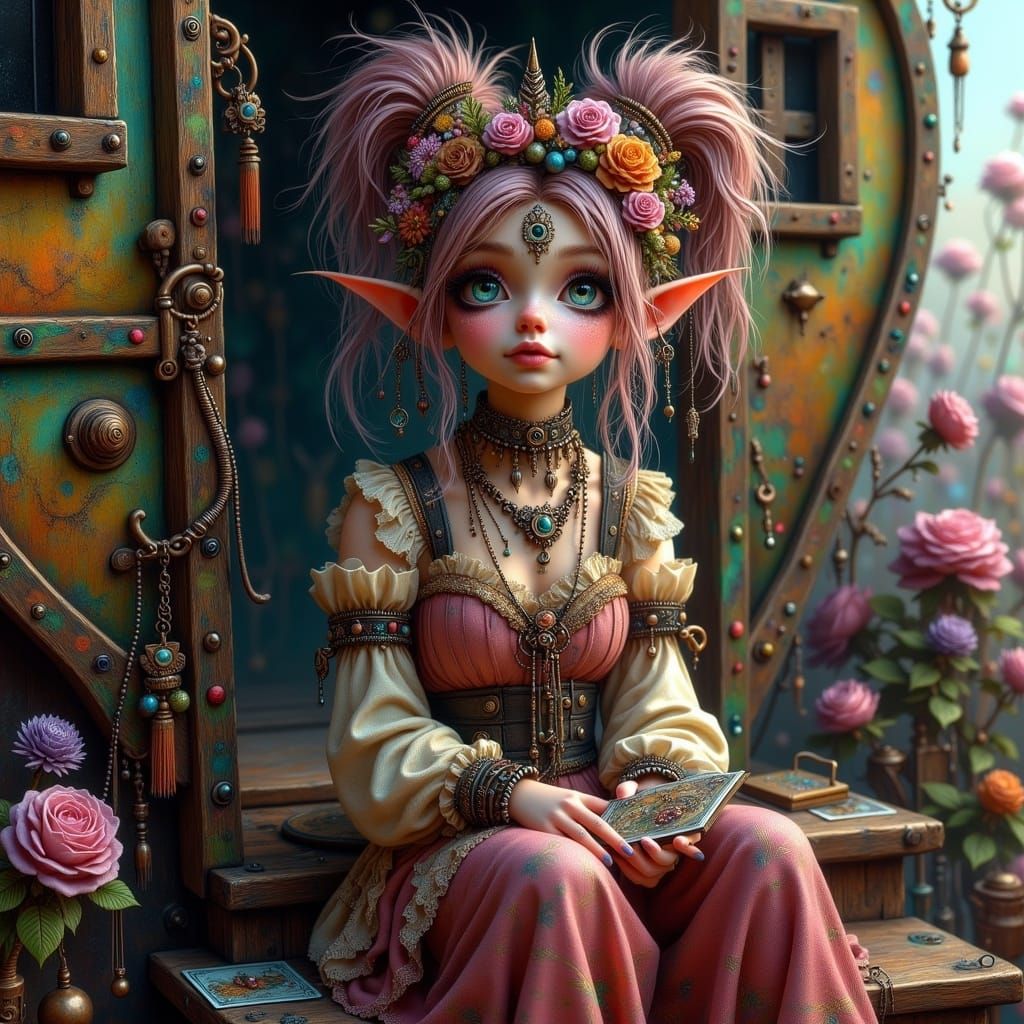 Whimsical Boho Gypsy Girl with Tarot Cards