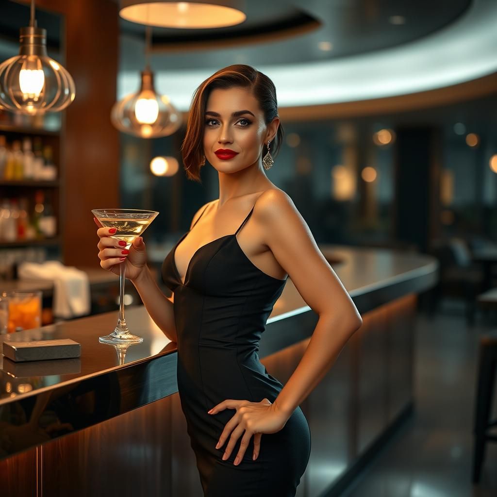Elegant Woman Posing in Bar with Cocktail