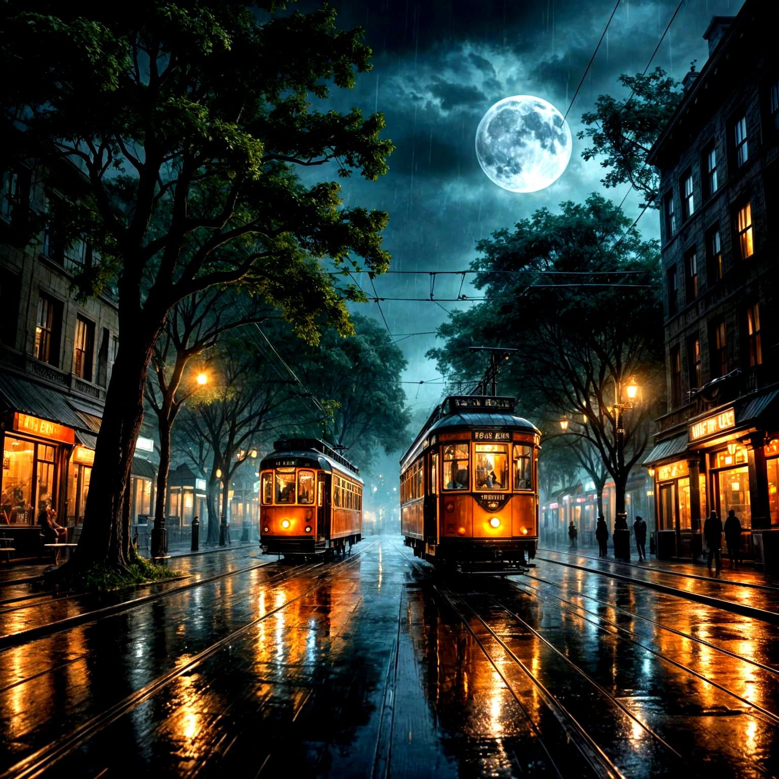Retro Tram Illuminated Under Full Moonlit Night