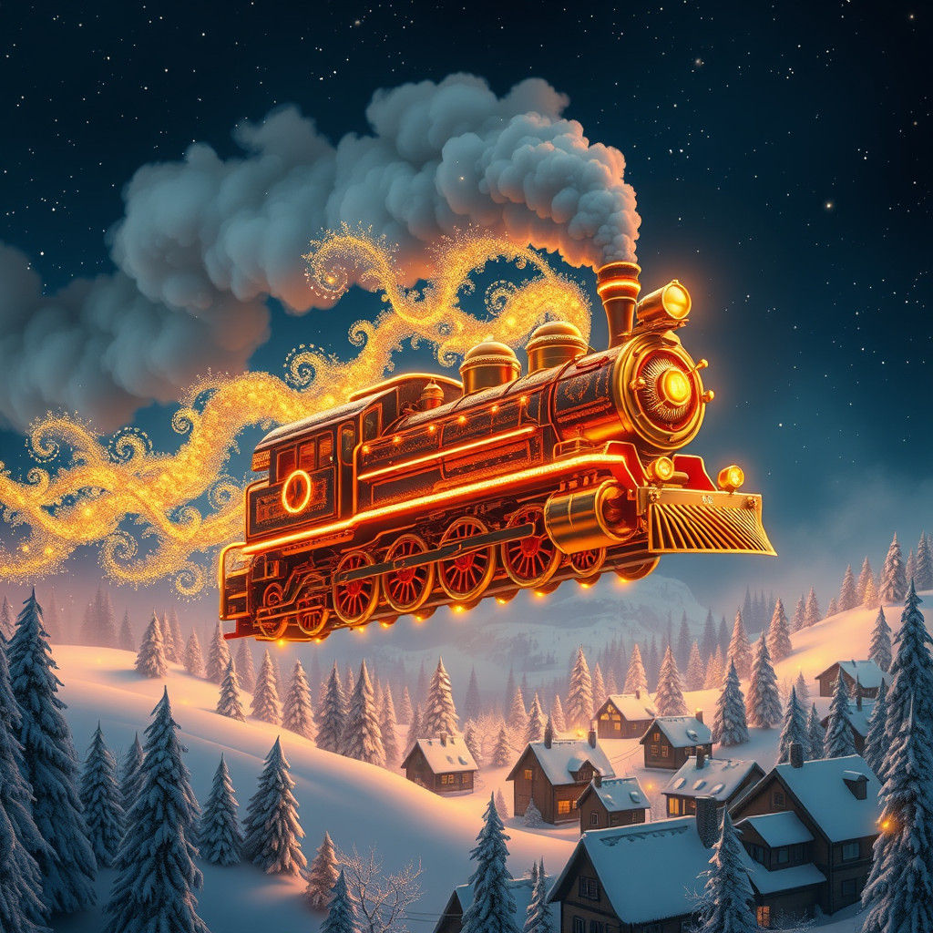 Flying Steam Locomotive Under Starry Sky as Digital Art
