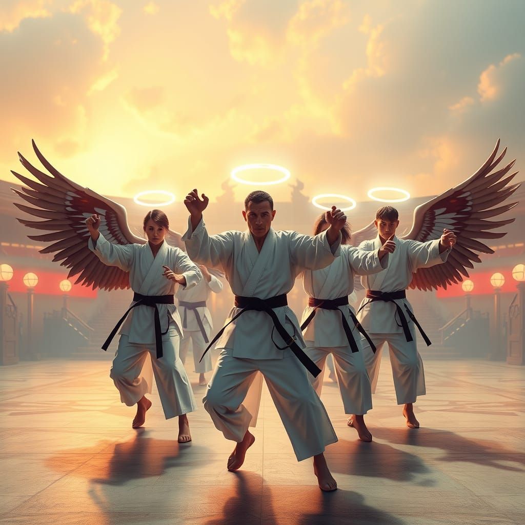 Ethereal Winged Warriors in a Futuristic Arena