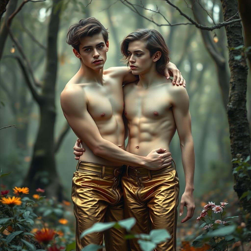 Romantic Embrace in Whimsical Forest, Art Nouveau Style