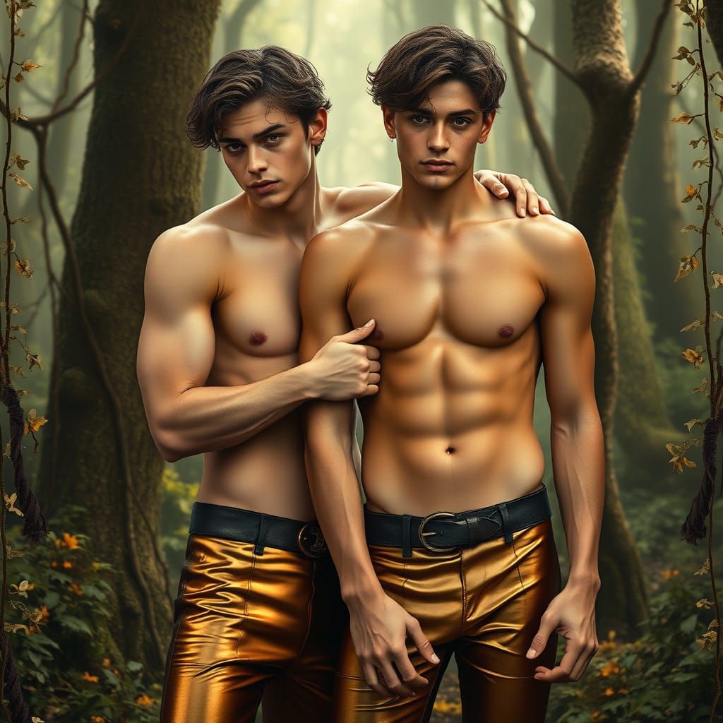 Romantic Embrace in Whimsical Forest, Pre-Raphaelite Style