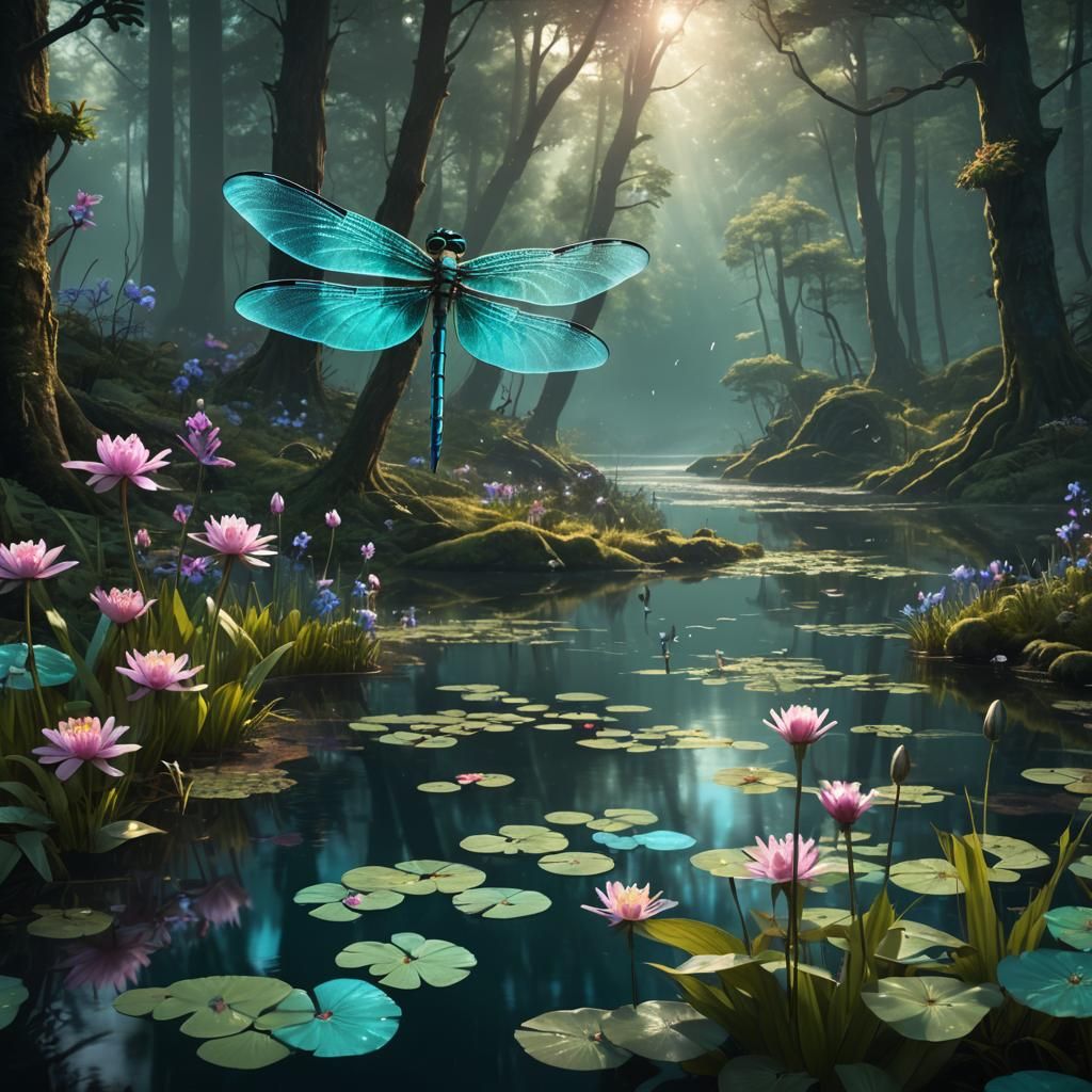 Teal Dragonfly in Dark Forest Clearing